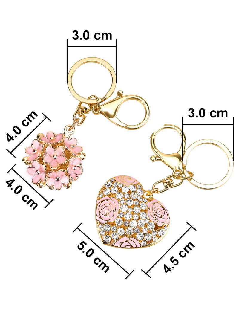 MTLEE Flower Ball Keychain and Sweet Love Heart Rose Crystal Key Chain for Women Pink Flower Girly Charm Keyring, 2 Pieces, Medium - Image 2